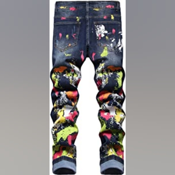 New Mens Painted Designer Slim Fit Jeans Multiple Sizes - Picture 3 of 4